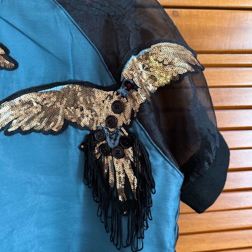 Italian evening dress like new, turquoise, organza sleeves, embroidery