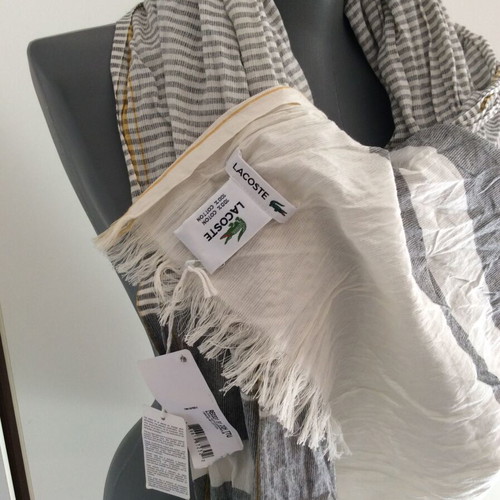 Lacoste Striped Scarf New Grey White Yellow Cotton