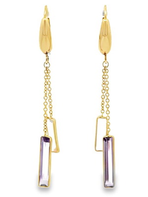 14K Yellow Gold Earrings with Amethyst and Pink Quartz, New