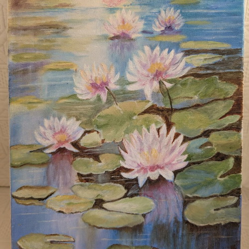 Handmade oil painting water lilies on lake 35x25 cm new