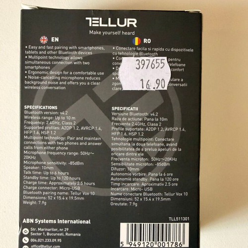 Tellur Vox 10 Earbud Bluetooth Handsfree headset black new