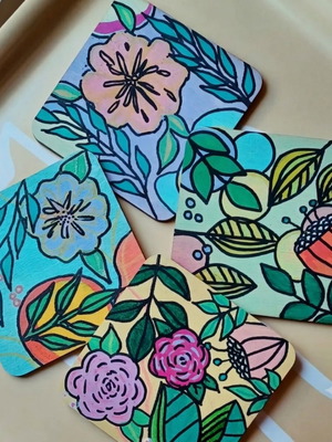 Set of 4 Handpainted Wooden Coasters with Floral Motifs