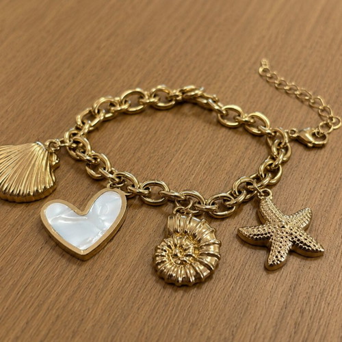 Charm bracelet sea theme gold color with heart mother-of-pearl starfish shell nautilus new