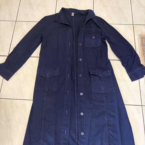 Retro women's work or school coat used, blue fabric