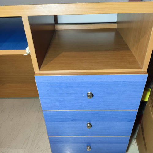 Computer desk with drawers used, natural wood and blue