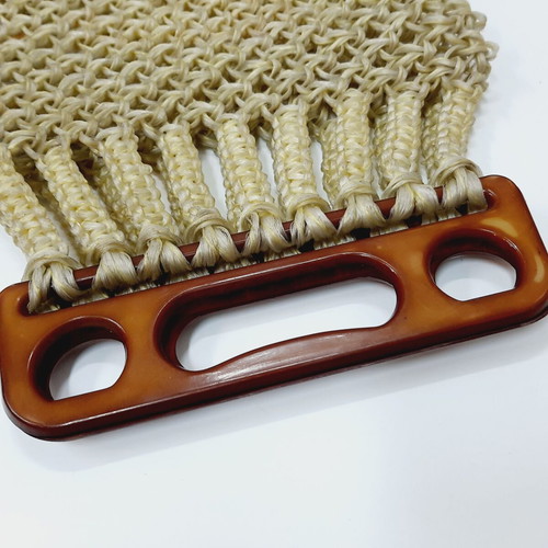 Hand-knotted nylon bag with vintage brown plastic handles, like new