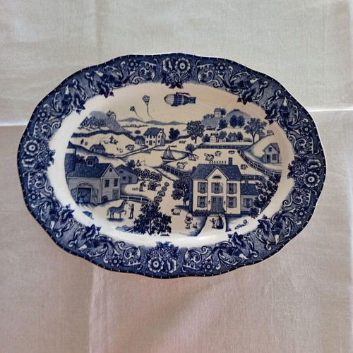 Oval serving platter used, blue and white porcelain Made in Japan