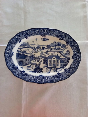 Oval serving platter used, blue and white porcelain Made in Japan