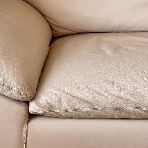 Two-seater leather sofa, beige, handmade, beech frame