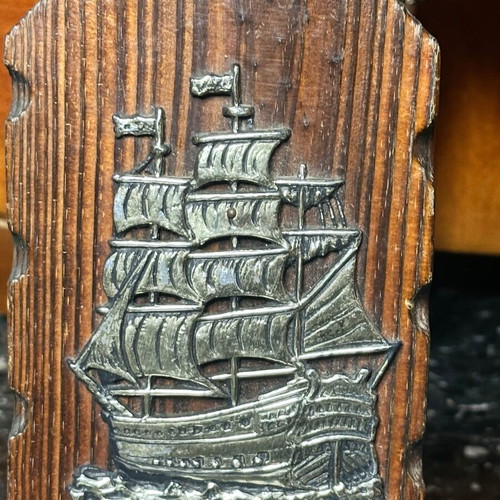 Vintage nautical wall thermometer with wooden base and sailboat
