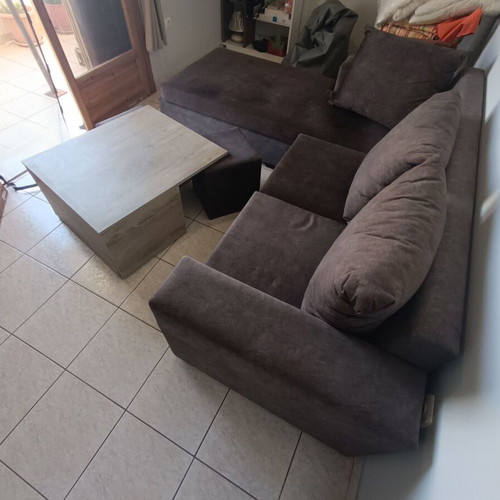 Corner sofa with waterproof fabric, cushions and coffee table with stools and storage cabinets