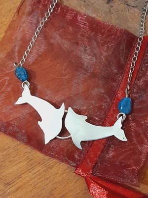 Dolphin pendant silver 925 with chain and semi-precious stones new
