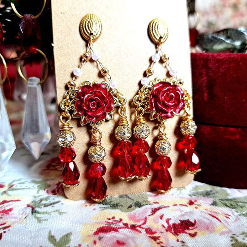 Handmade red vintage earrings with rose and stainless steel