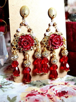 Handmade red vintage earrings with rose and stainless steel