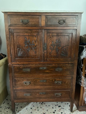 Vintage wooden furniture with marble top, drawers and two doors used