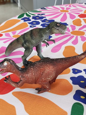 Plastic dinosaur toys used, all together