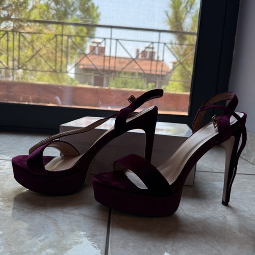 Sued high heel sandals 14cm used, red and purple, Ideal Shoes