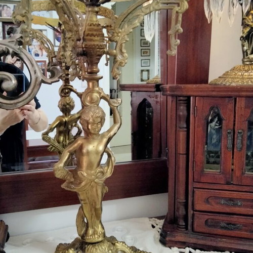 Vintage brass table lamp with cherub and hanging crystals