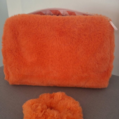 Sephora Collection Faux Fur Toiletry Bag with Scrunchie, New, Orange