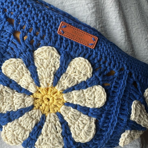 Handmade crochet shoulder bag crossbody blue with flower design