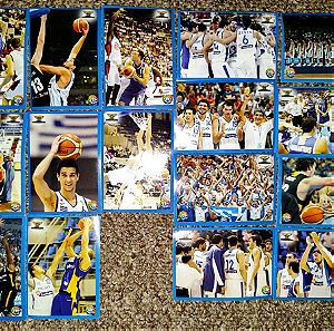 16 συλλεκτικά αυτοκόλλητα της εθνικής μπάσκετ από τον θρίαμβο του 2005 στο Βελιγράδι.