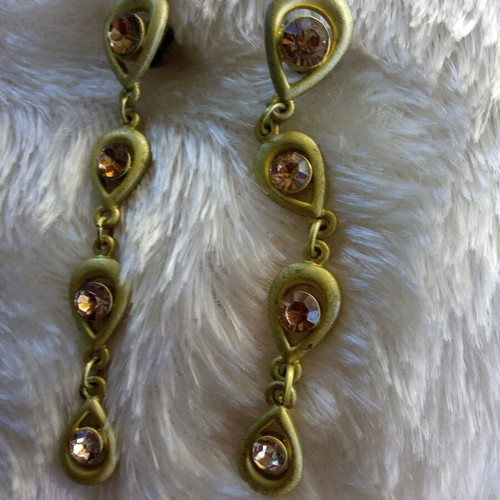 Long drop earrings new with gold tone and brownish crystals