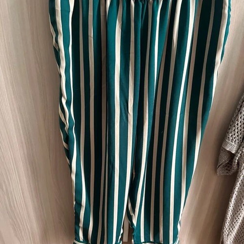 Zizzi women's striped emerald green and cream trousers