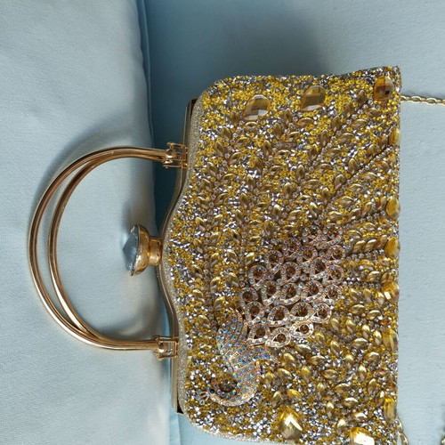 Evening shoulder and handheld bag new, gold with peacock