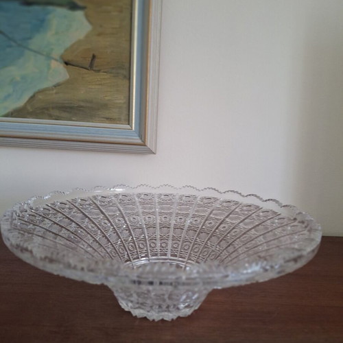 Bohemian Crystal Bowl like new with rich carving, diameter 36 cm