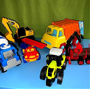 5 βρεφικά Παιχνίδια αυτοκίνητα για αγόρι. Δομικό όχημα εκσκαφέας με Ηχώ και Φώτα, μπετονιέρα ,πυροσβεστικό όχημα, τρακτέρ μεταφοράς ξύλων και σκουπιδιάρικο.