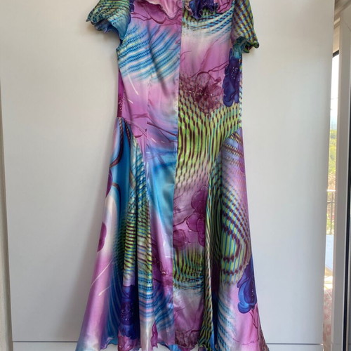 Vintage Y2K long satin dress like new, handmade, multicolor blue