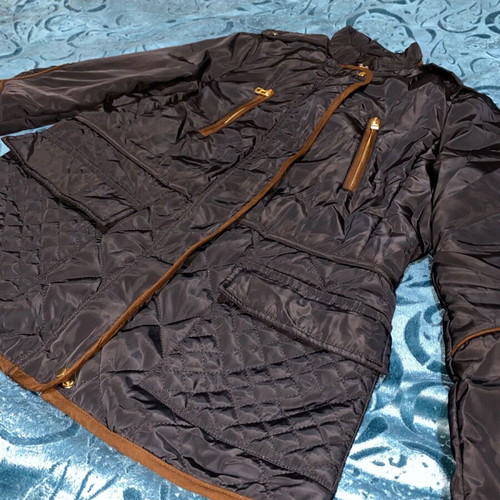 Zara Basic women's navy quilted short jacket with brown details like new