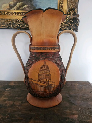Handmade leather vase Cuba folk art 41cm like new