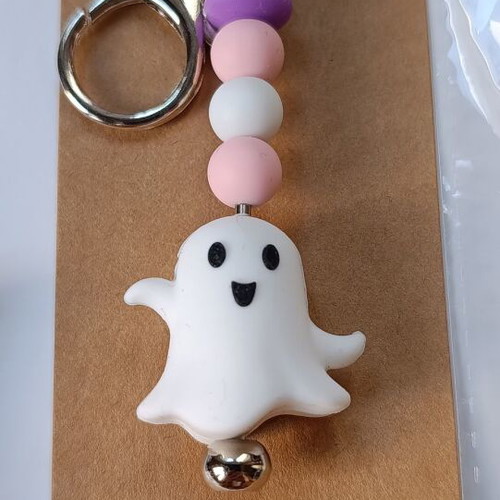 Handmade Halloween Ghost Keychain with White and Pink Beads