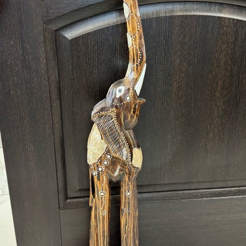 Elephant statue new, wood and mother-of-pearl ornaments, 80 cm