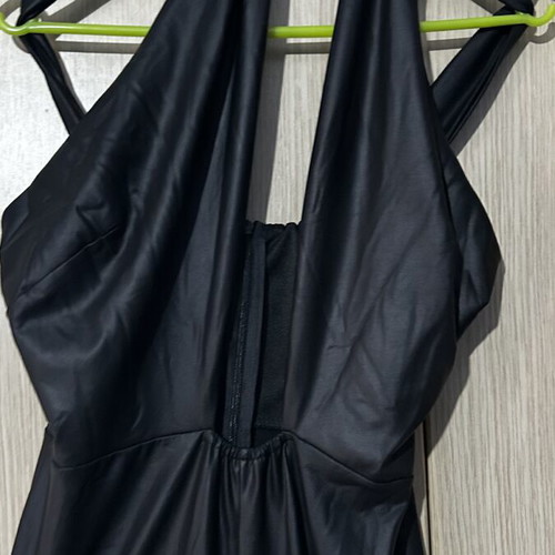 No Stress leather jumpsuit size S used with deep neckline and crisscross tie