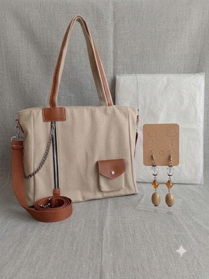 Καμβάς τσάντα tote καινούργια με matching σκουλαρίκια, μπεζ και καφέ