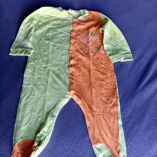 Baby footed romper used, orange and light green, 3-6 months