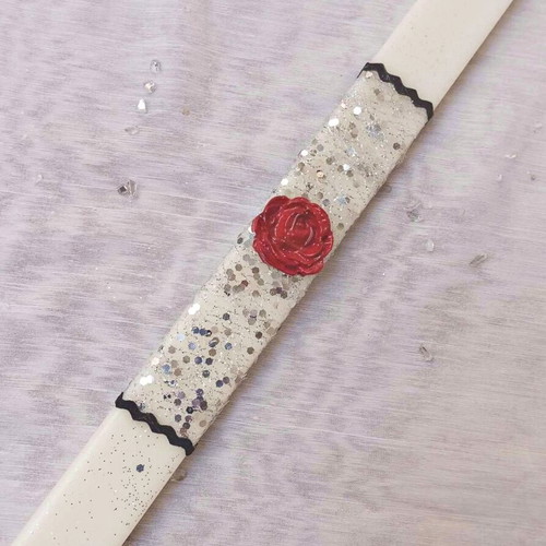 White candle with red clay rose new