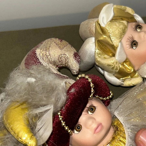 Venetian Carnival Porcelain Jester Dolls Set used, vintage