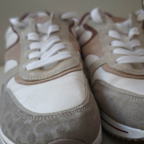 Medicus leather sneakers, size 40, 26cm insole, white with beige and pink suede accents