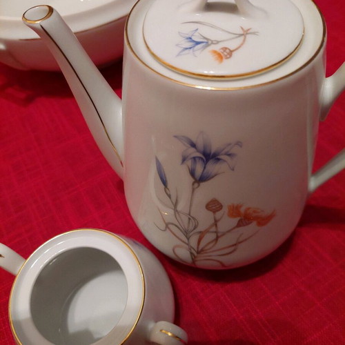 Bohemian porcelain teapot and sugar bowl like new, white with gold trim and floral design