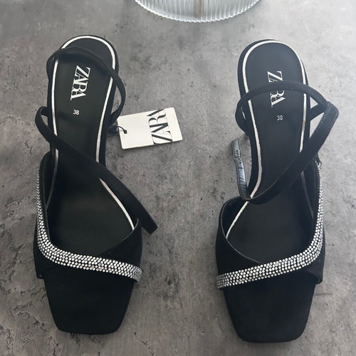 Zara Black High-Heeled Strappy Evening Sandals Size 38 New