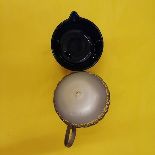 Vintage cobalt blue glass creamer with metal holder, like new