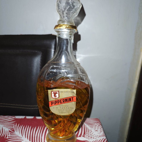 Vintage Pippermint glass liqueur bottle by E. M. Tzelepi like new