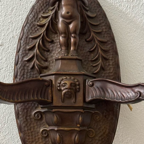 Antique vintage wooden wall sconce with cherub used