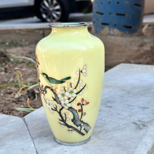 Vintage Japanese Cloisonné Sato vase used with cherry blossom and bird design