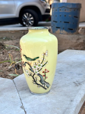 Vintage Japanese Cloisonné Sato vase used with cherry blossom and bird design