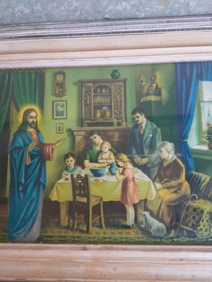 Κάδρο vintage μεταχειρισμένο με οικογένεια και Χριστό δεκαετίας 50
