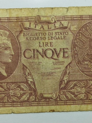 Italy 5 Lire 1944 banknote used